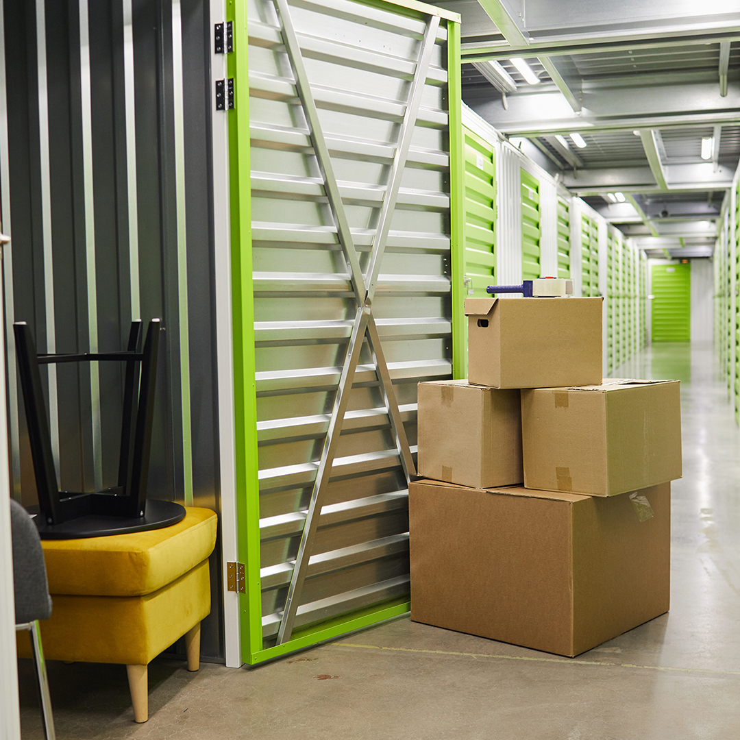 2 boxes out front of a storage unit