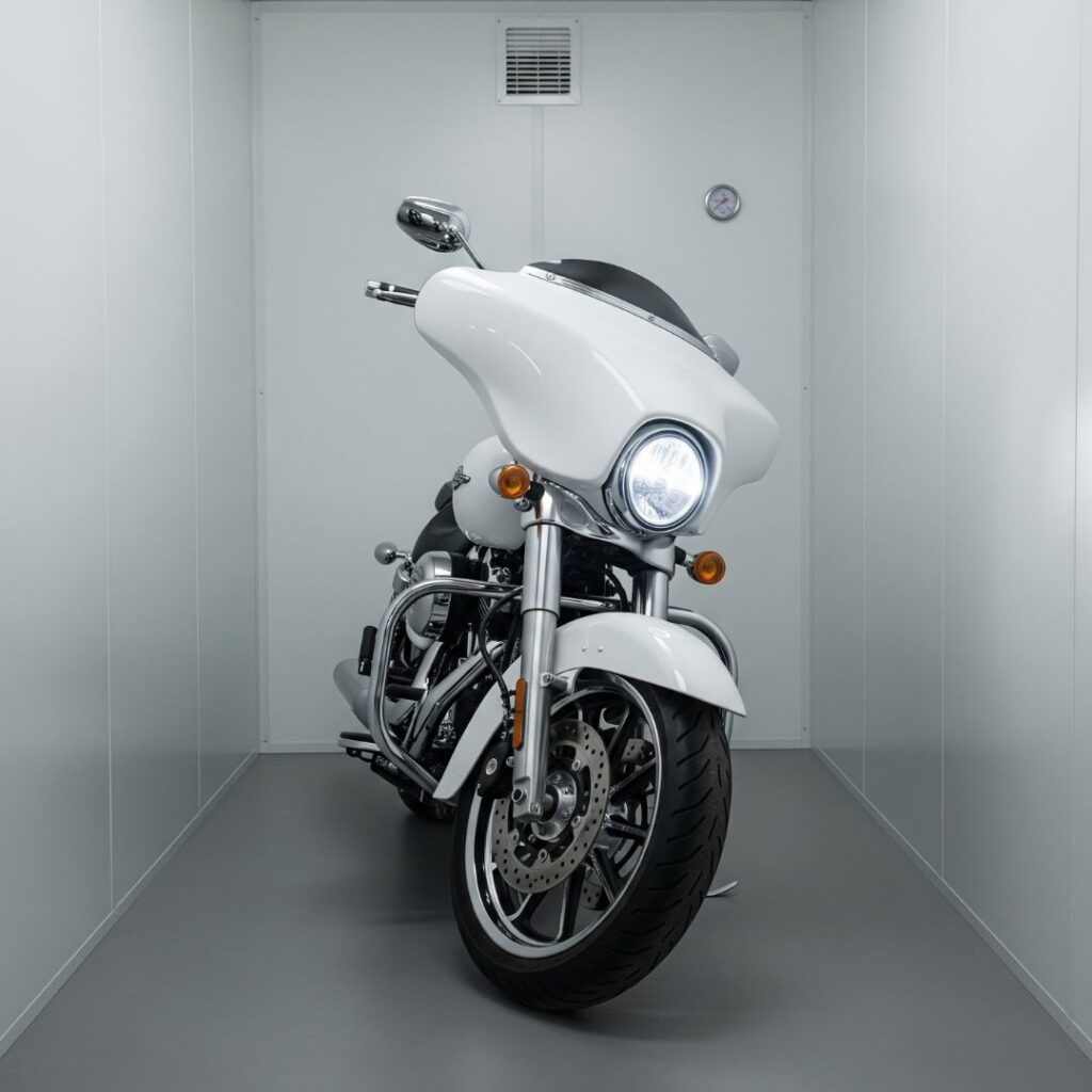white motorcycle in a storage unit
